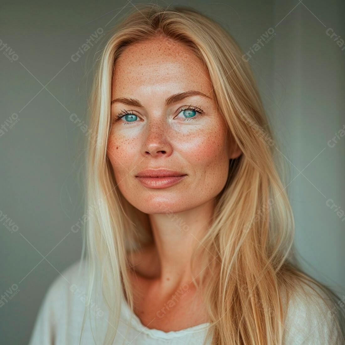 Mulher loira com sardas e olhos azuis