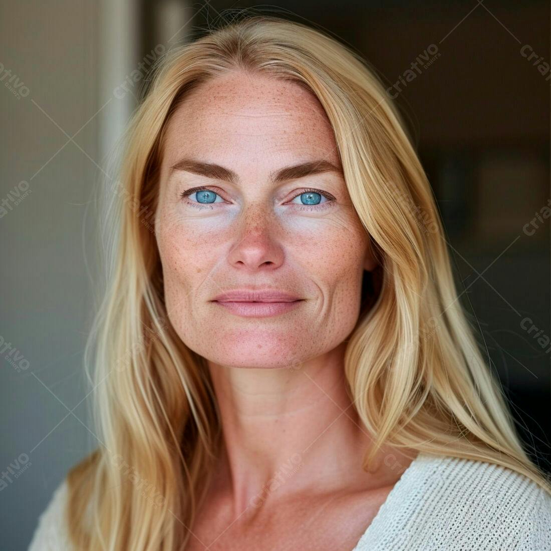 Retrato mulher loira olhos azuis pele clara
