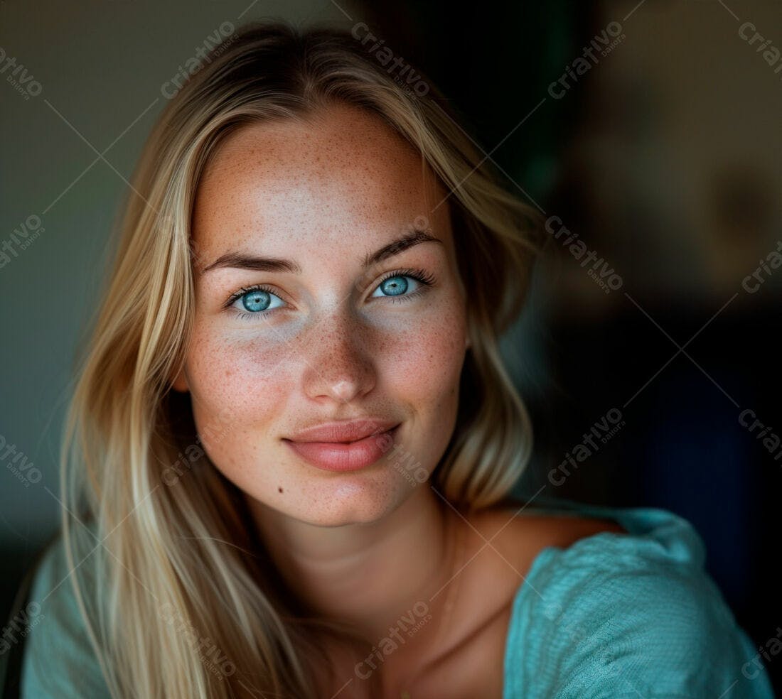 Mulher loira com sardas e olhos azuis sorrindo