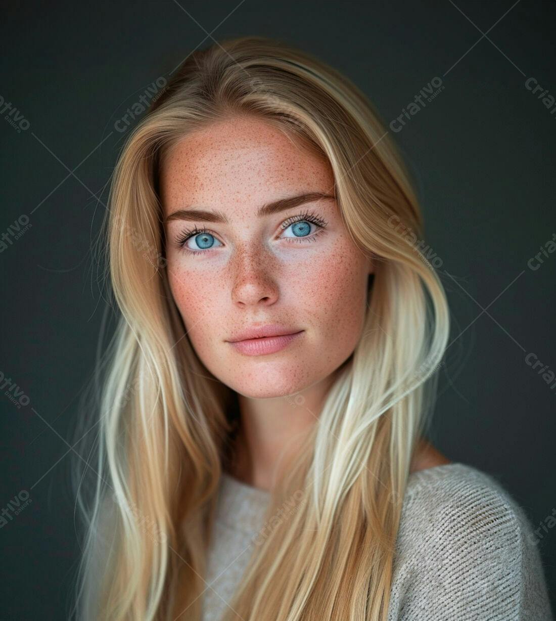 Retrato mulher loira olhos azuis sardas