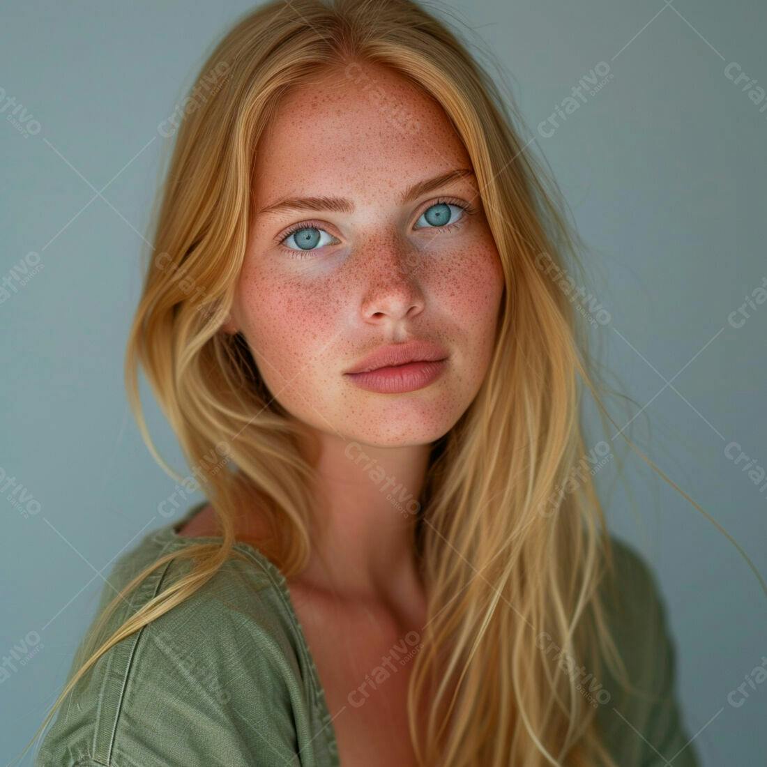 Mulher ruiva com sardas e olhos azuis