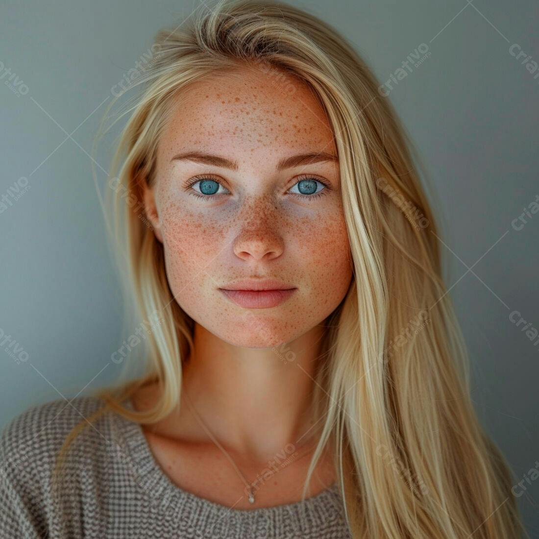 Retrato mulher loira olhos azuis sardas