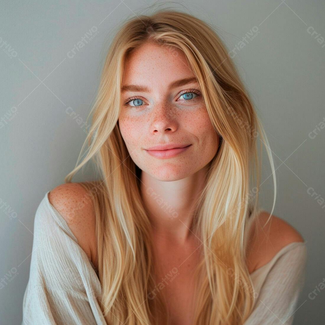 Mulher loira com sardas sorrindo