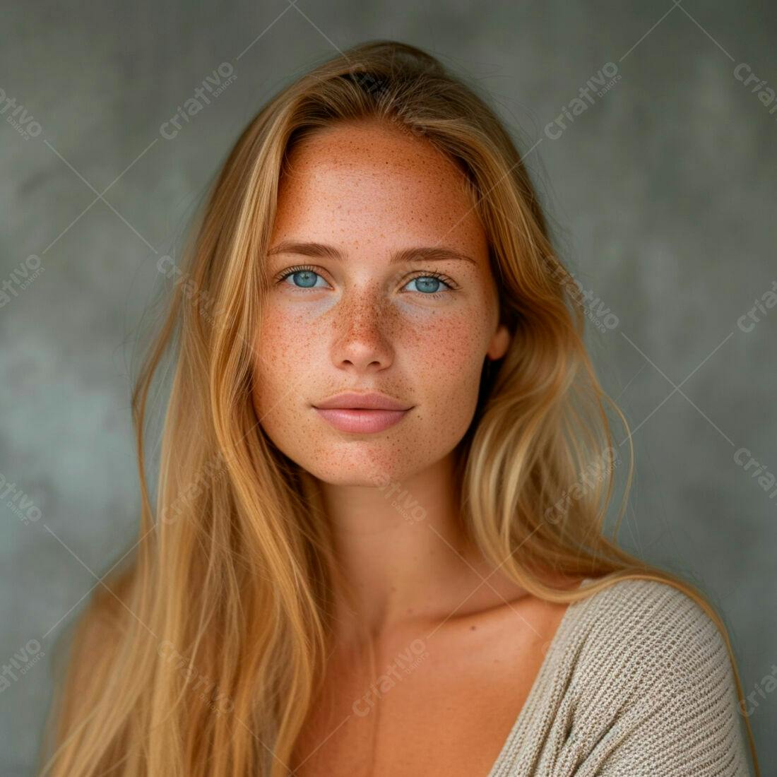 Mulher loira com sardas sorrindo fundo cinza