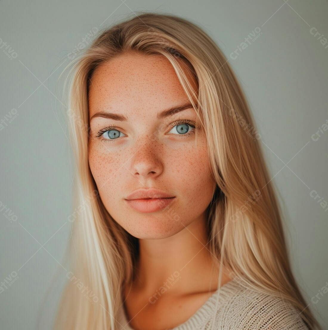Mulher loira com sardas e olhos azuis