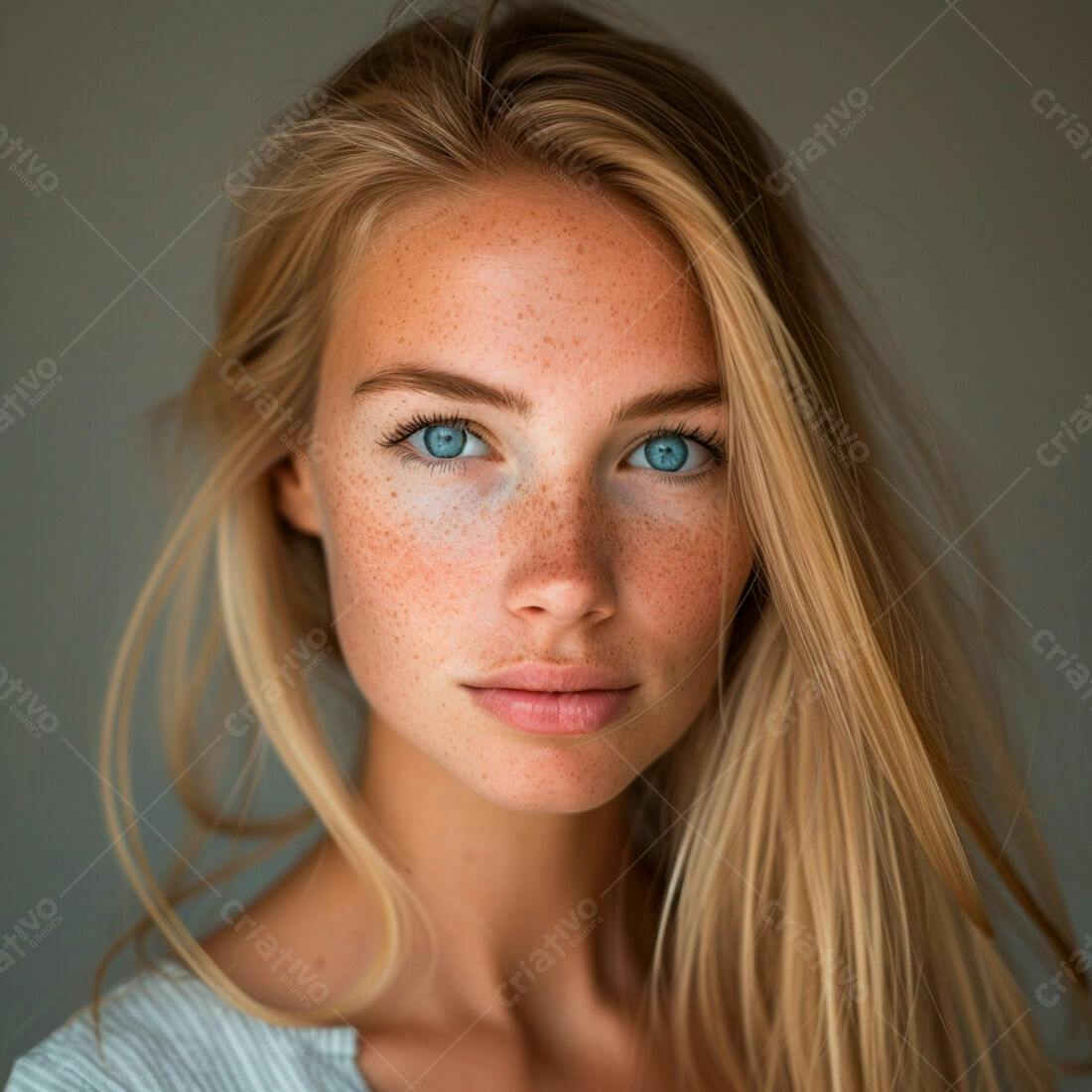 Mulher loira com sardas e olhos azuis