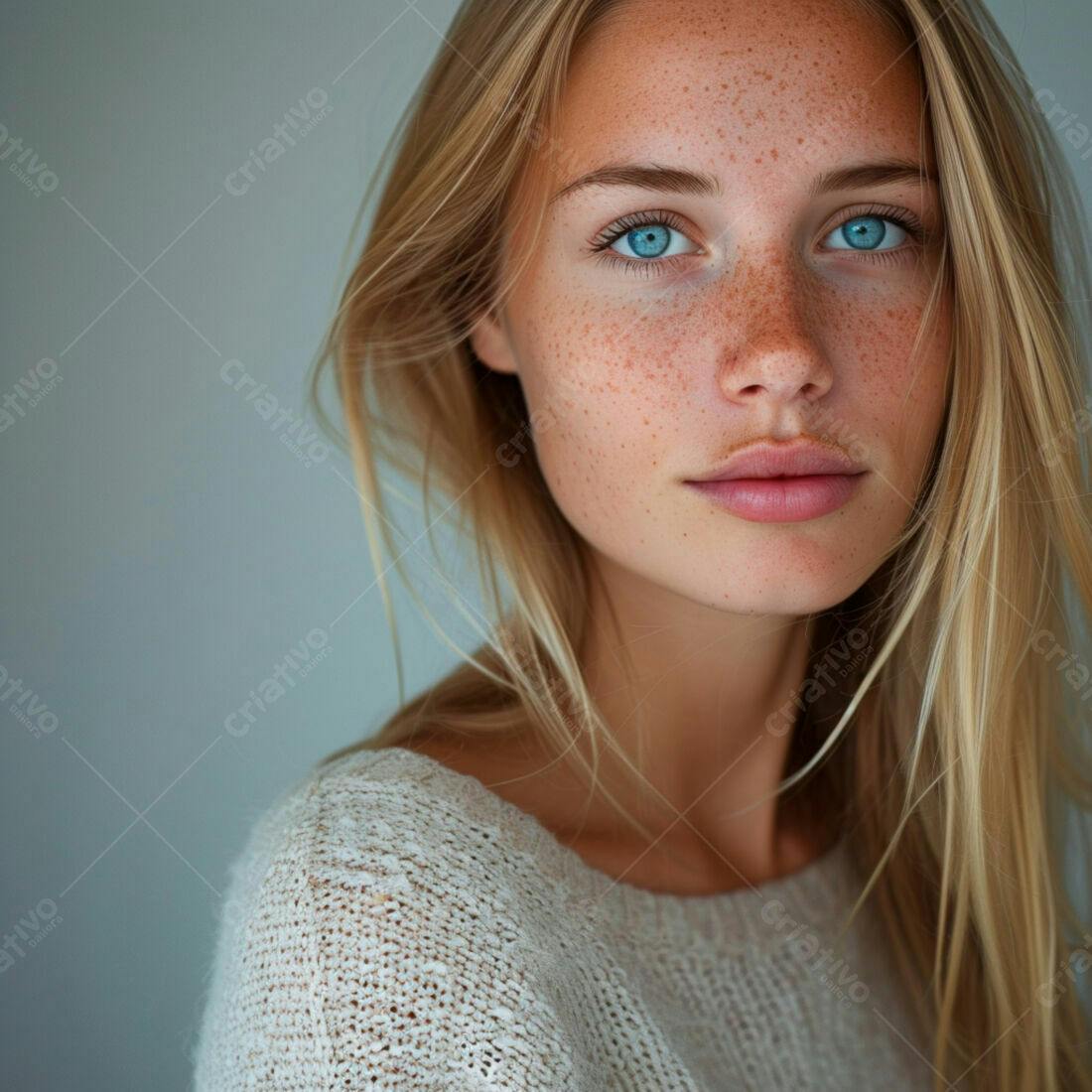 Mulher jovem com sardas e olhos azuis