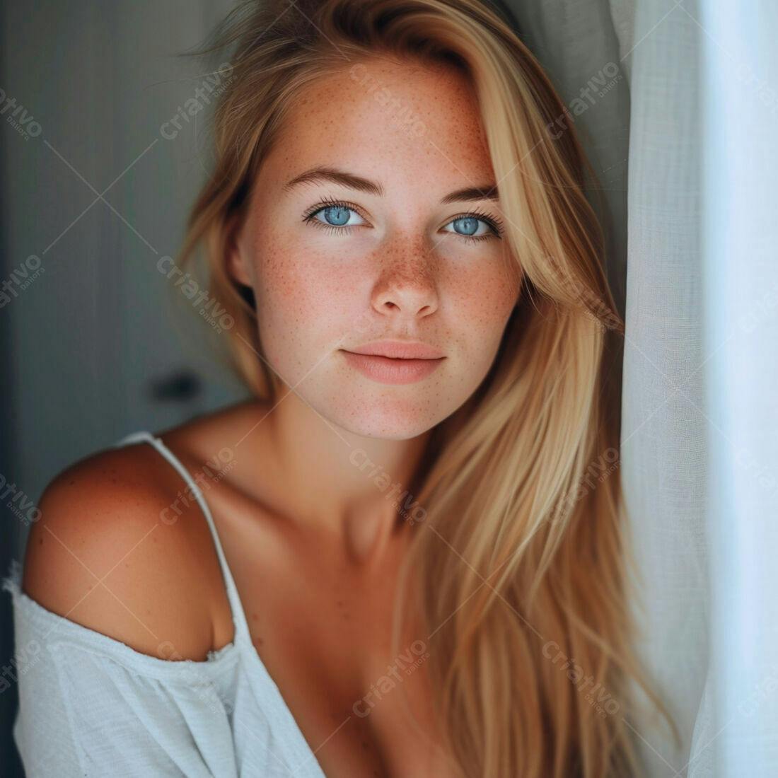 Mulher loira com sardas perto de janela