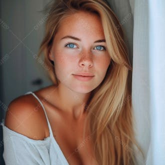 Imagem de uma linda mulher norueguesa, com cabelos loiros longos e lisos e olhos azuis 33