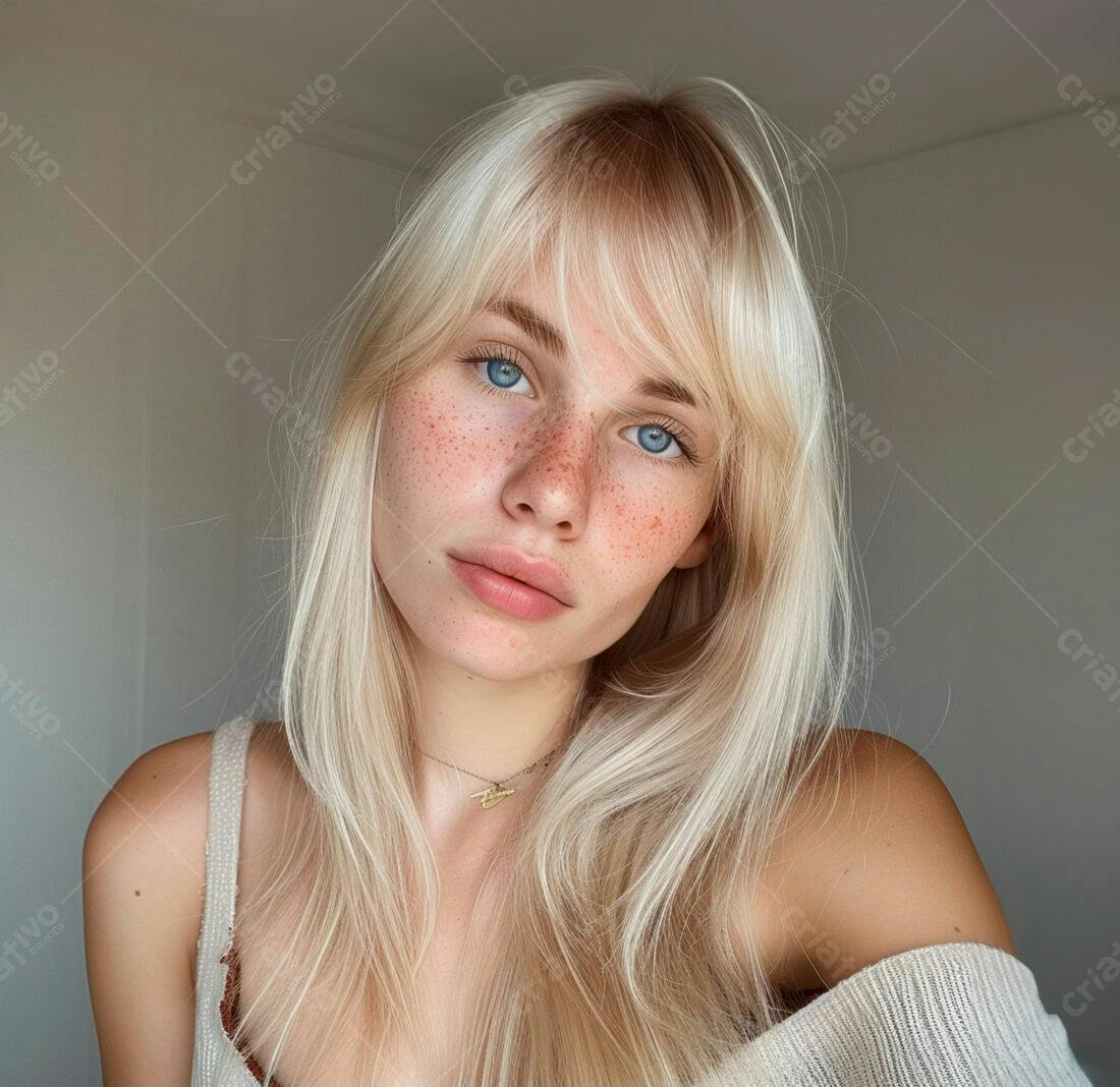 Mulher loira com sardas e olhos azuis
