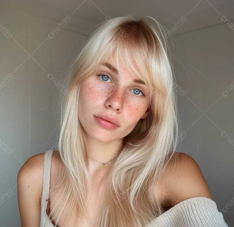Imagem de uma linda mulher norueguesa, com cabelos loiros longos e lisos e olhos azuis 34