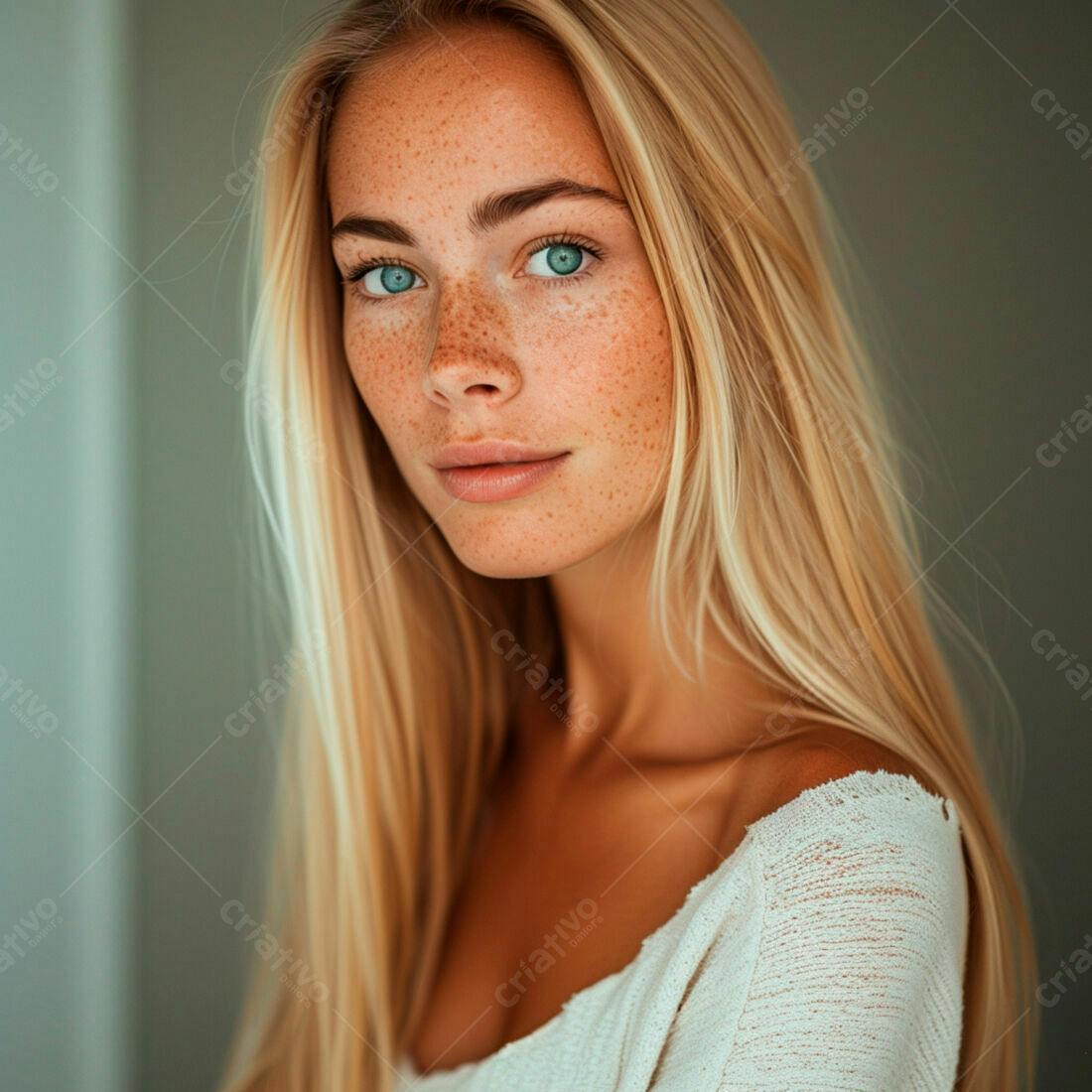 Mulher loira com sardas e olhos azuis retrato