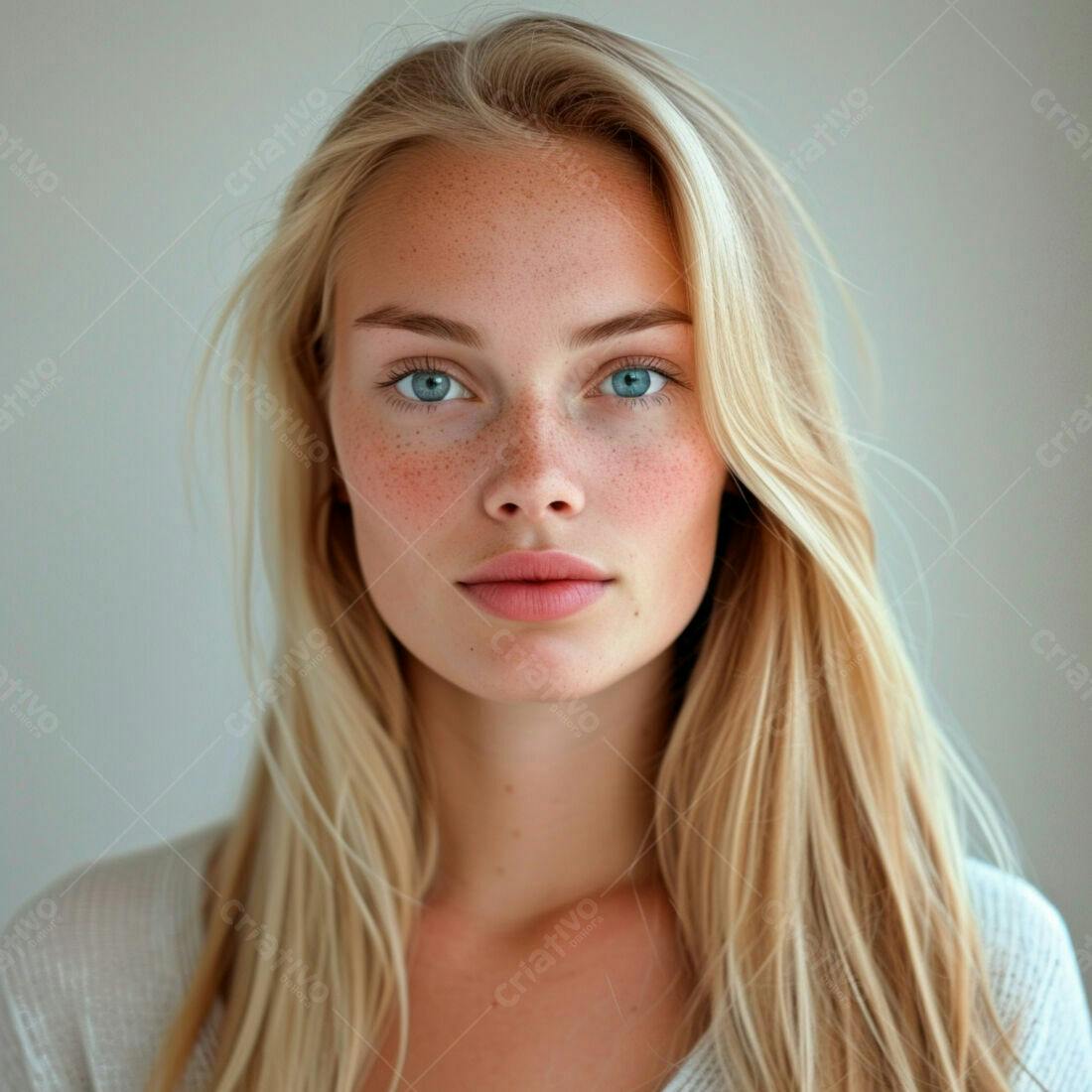 Retrato mulher loira olhos azuis pele clara