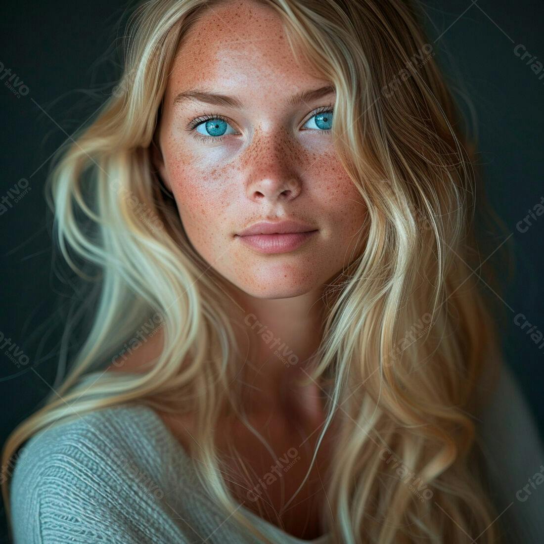 Mulher loira com sardas e olhos azuis