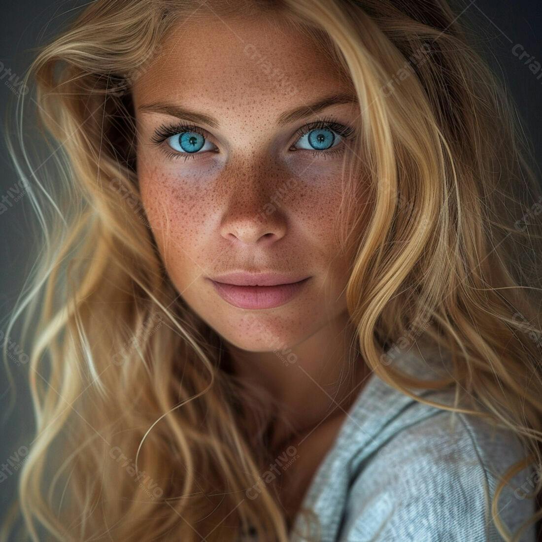 Mulher loira com sardas e olhos azuis