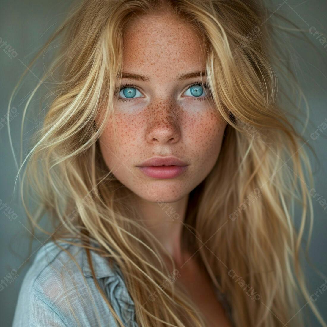 Mulher loira com sardas e olhos azuis