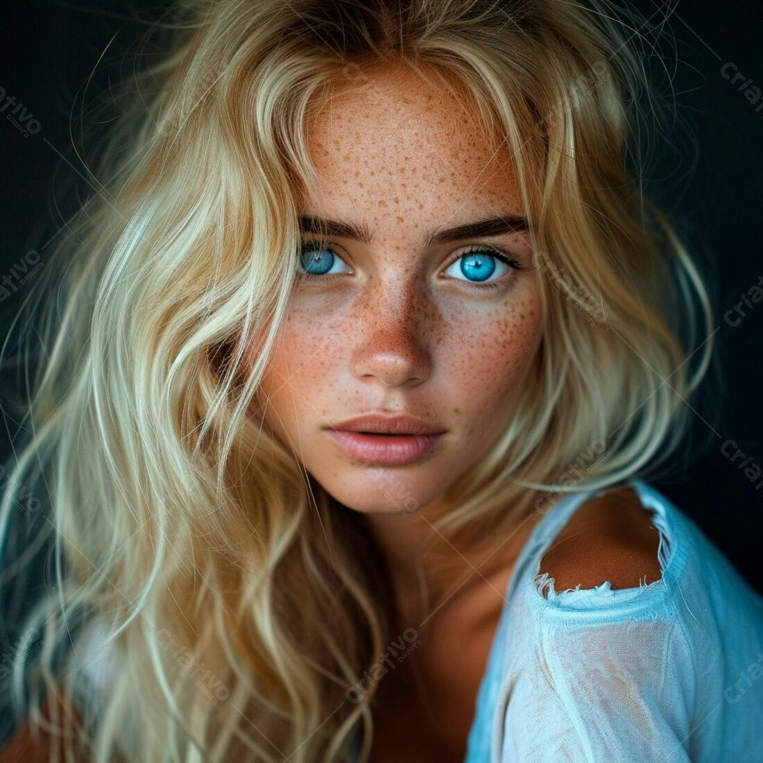 Mulher loira com sardas e olhos azuis