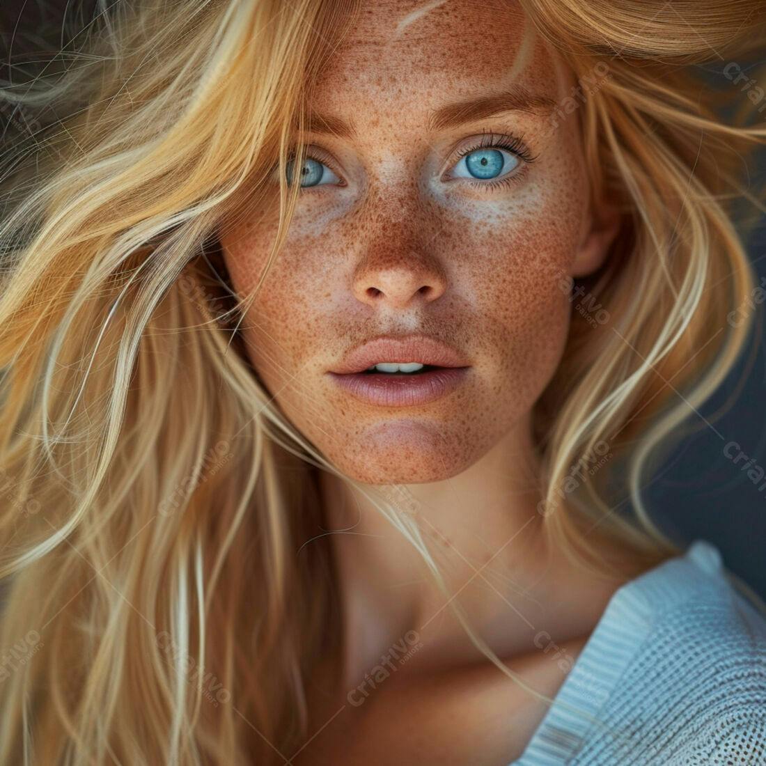 Close-up rosto mulher ruiva sardas olhos azuis