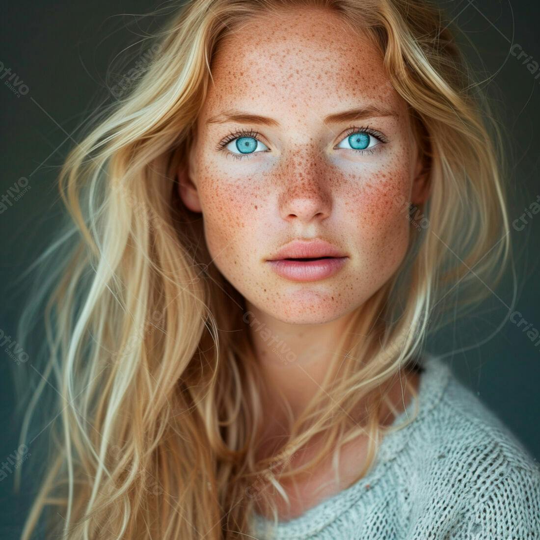 Mulher ruiva com sardas e olhos azuis