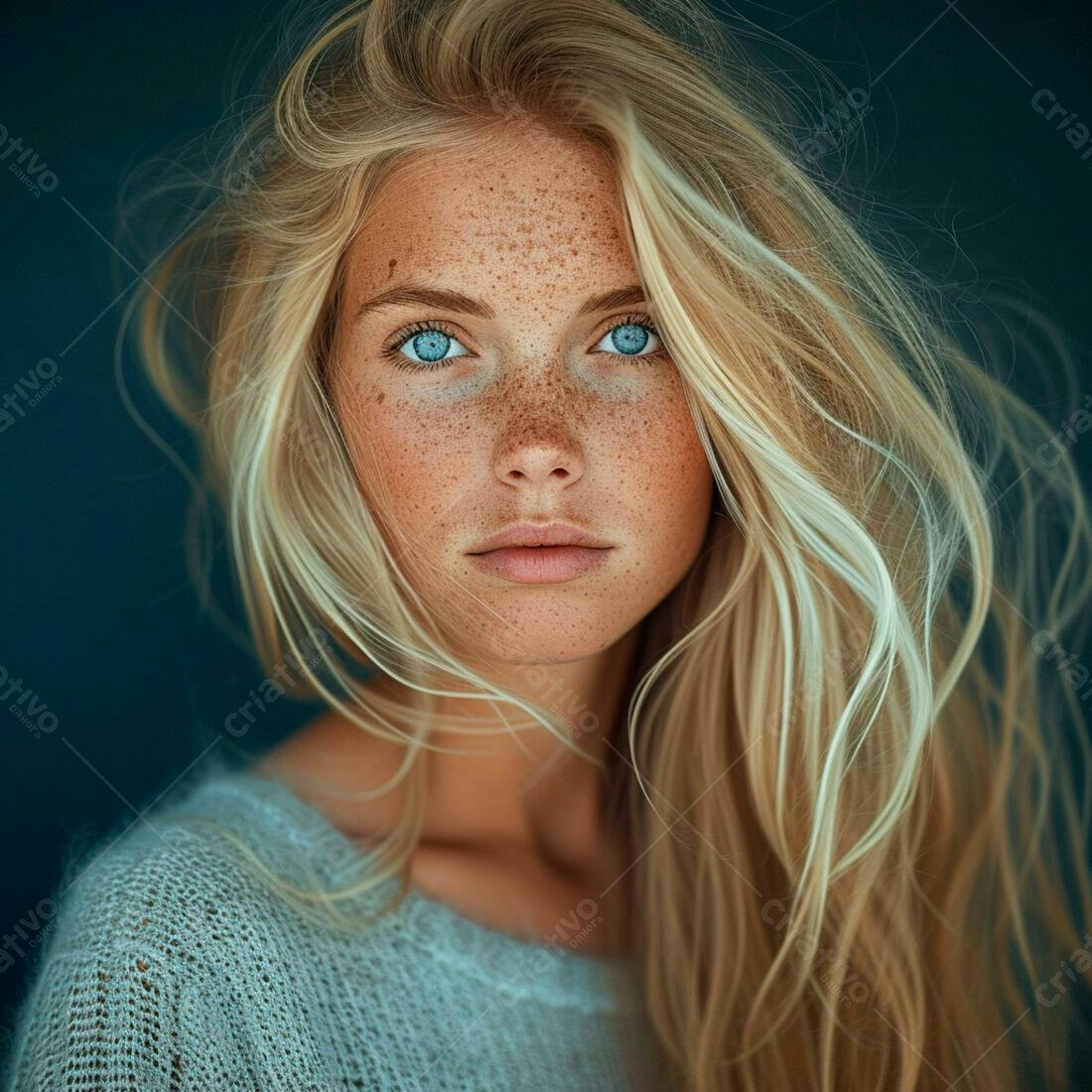 Retrato mulher loira sardas olhos azuis