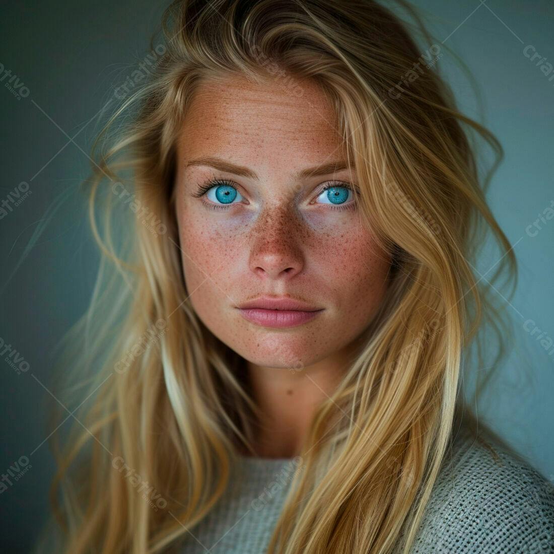 Mulher loira com olhos azuis e sardas