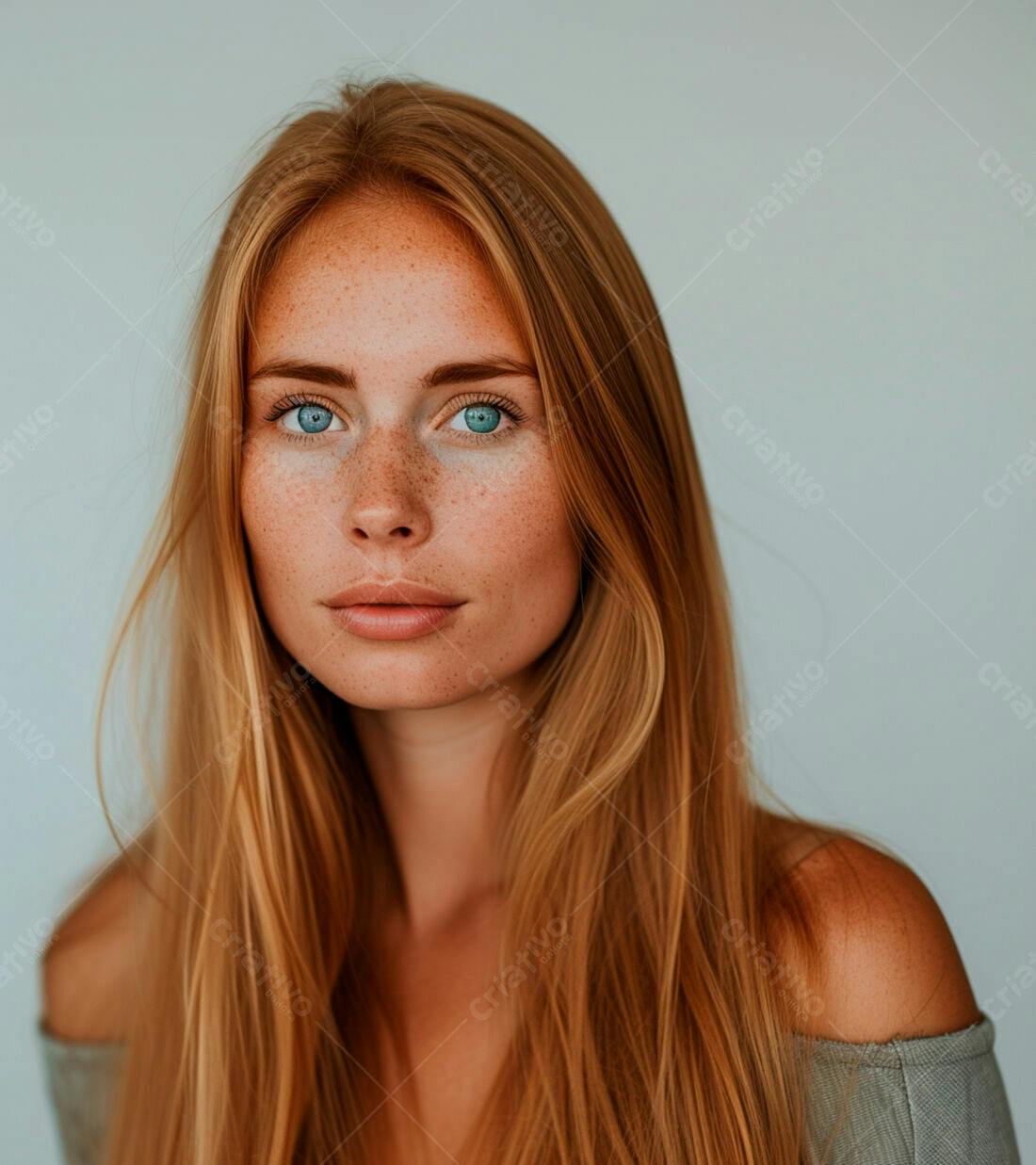 Mulher ruiva com sardas e olhos azuis