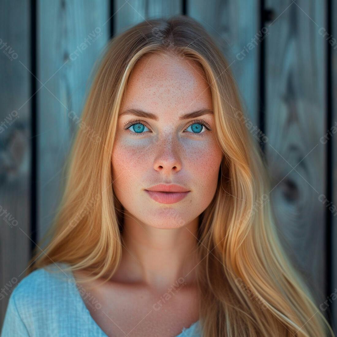 Mulher loira com olhos azuis fundo madeira