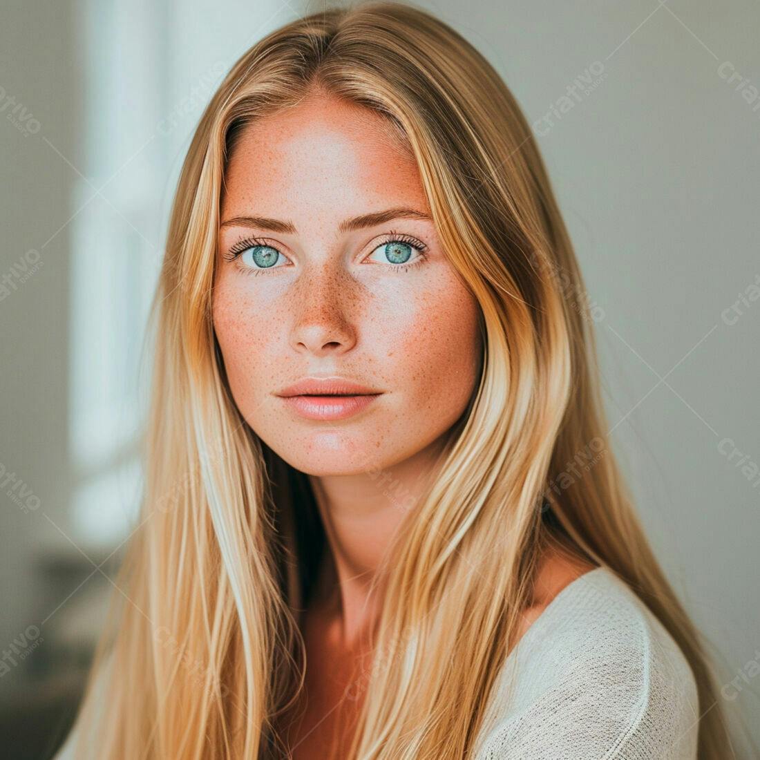 Mulher loira com sardas e olhos azuis