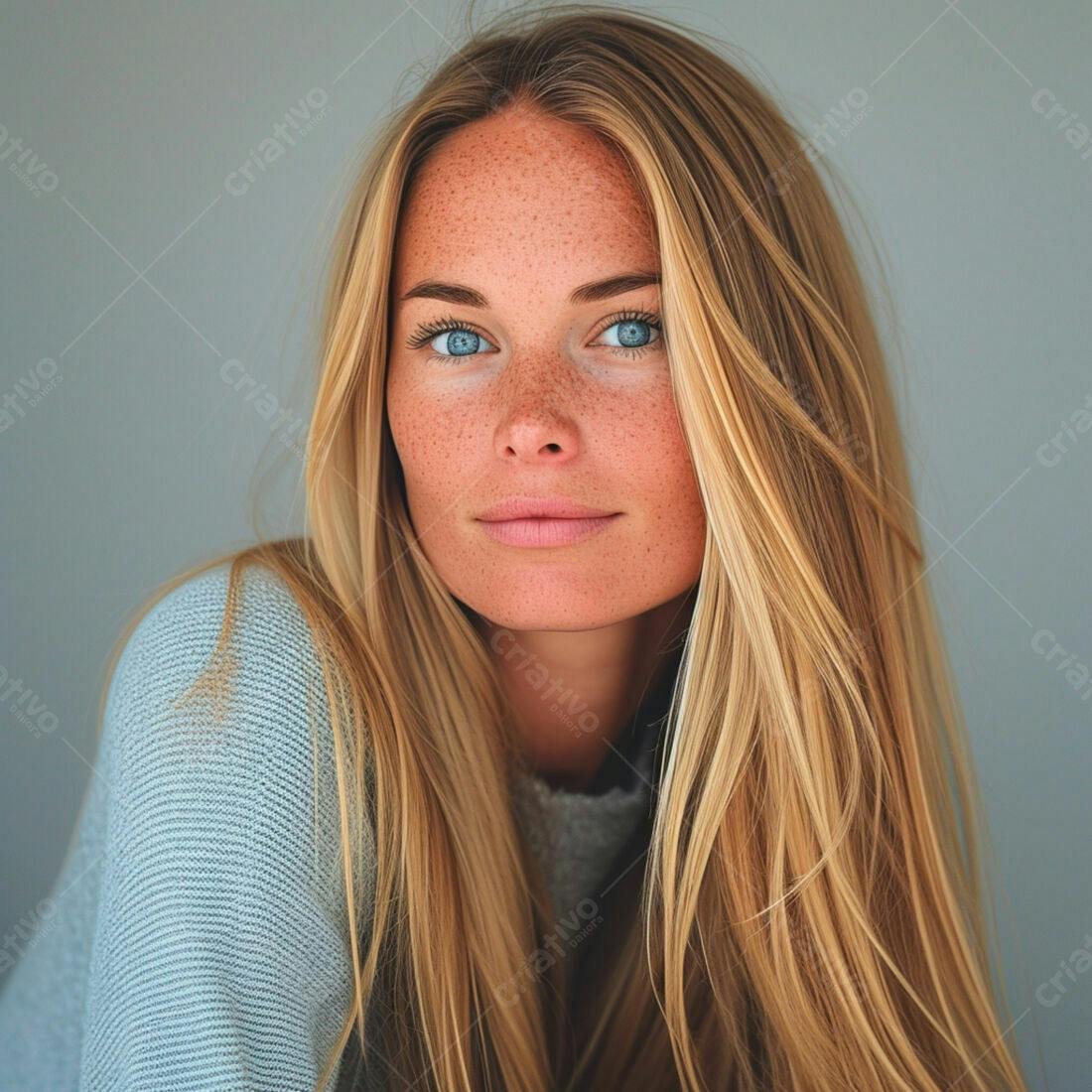 Mulher loira com sardas e olhos azuis