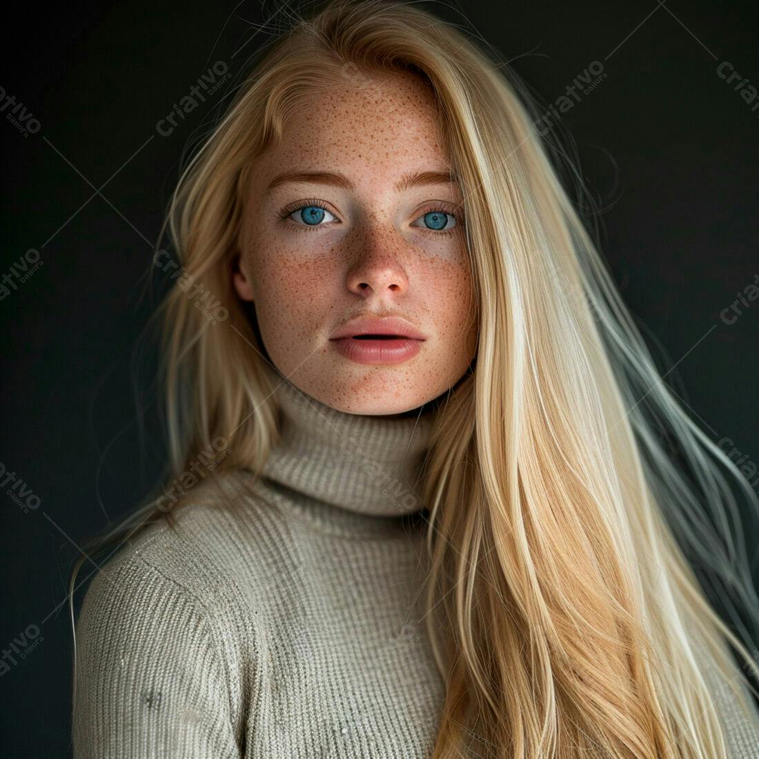 Retrato mulher ruiva sardas suéter bege
