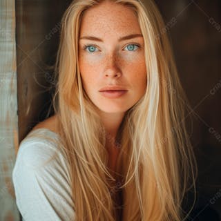 Imagem de uma linda mulher norueguesa, com cabelos loiros longos e lisos e olhos azuis 55