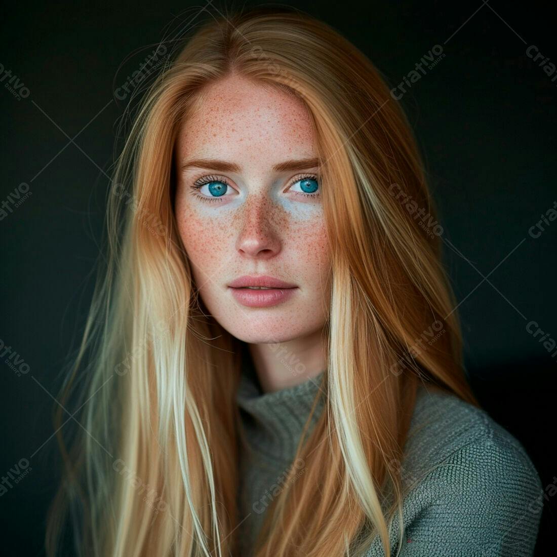 Mulher ruiva com sardas e olhos azuis