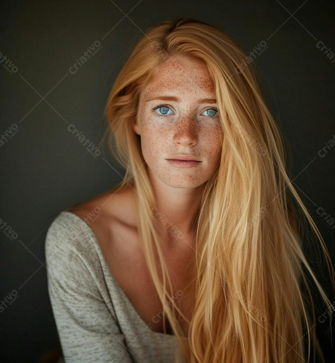 Mulher ruiva com sardas e olhos azuis