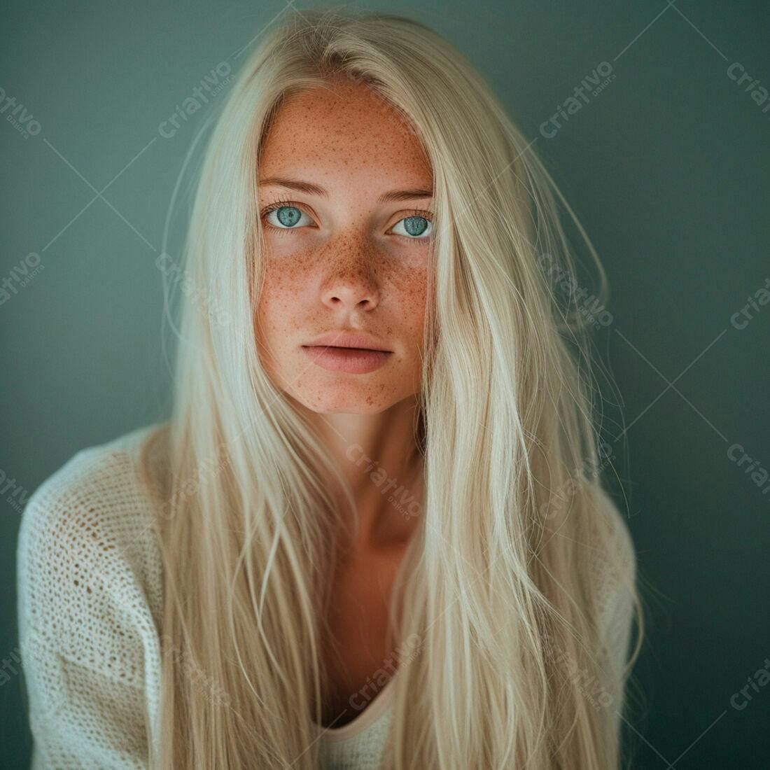 Mulher loira com sardas fundo verde