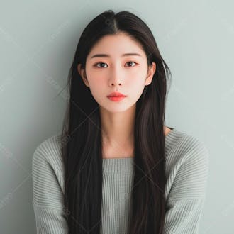Mulher coreana elegante exibindo longos cabelos negros em um fundo claro 1
