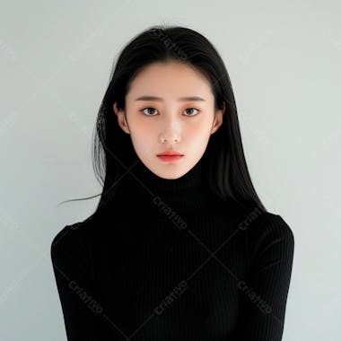 Mulher coreana elegante exibindo longos cabelos negros em um fundo claro 2