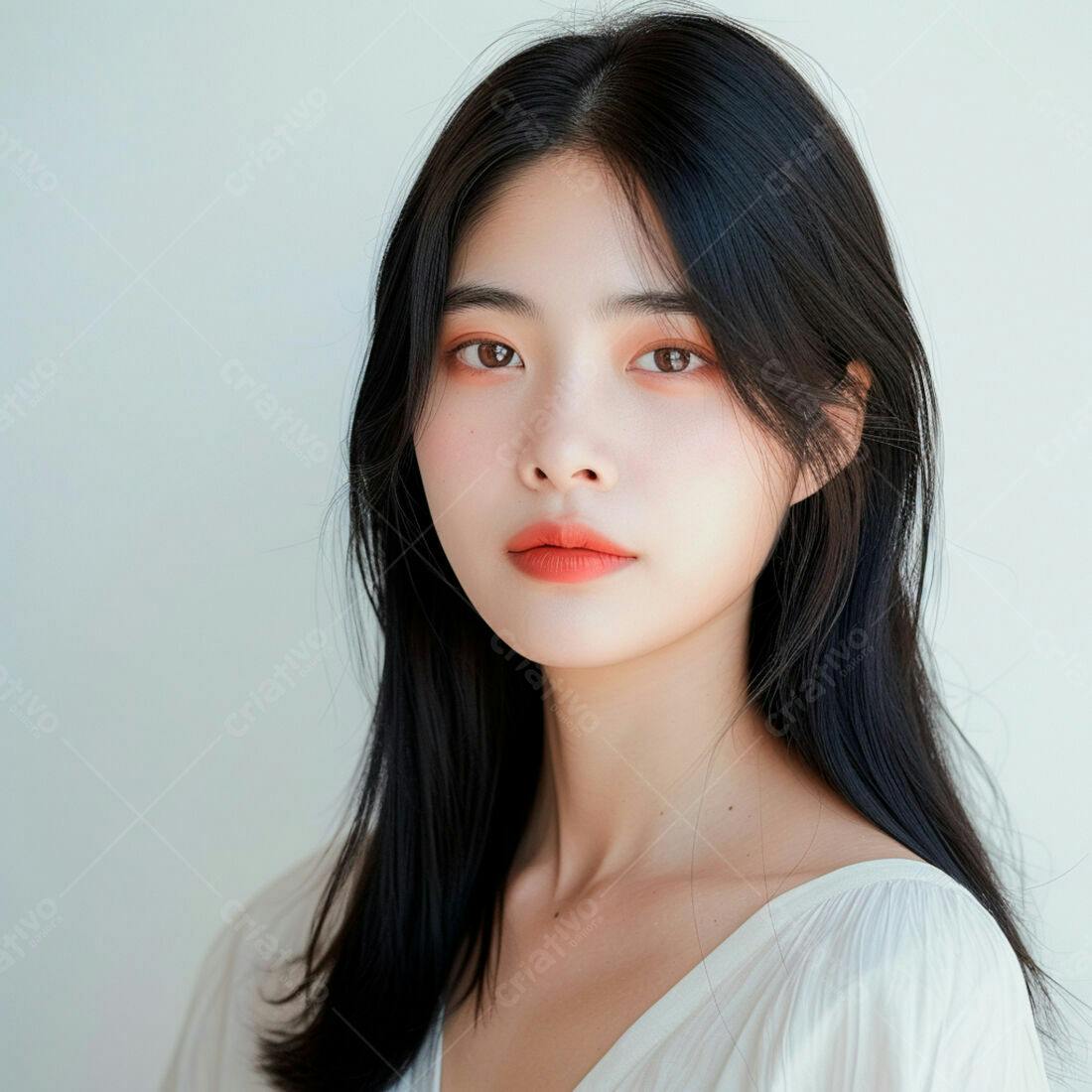 Modelo asiática com batom coral e cabelo preto
