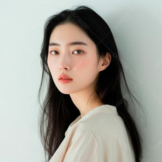 Mulher coreana elegante exibindo longos cabelos negros em um fundo claro 5