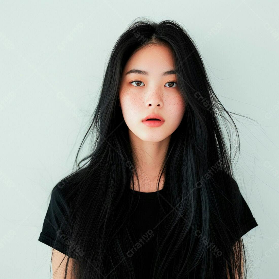 Mulher asiática com sardas cabelo preto fundo claro