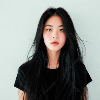 Mulher coreana elegante exibindo longos cabelos negros em um fundo claro 6