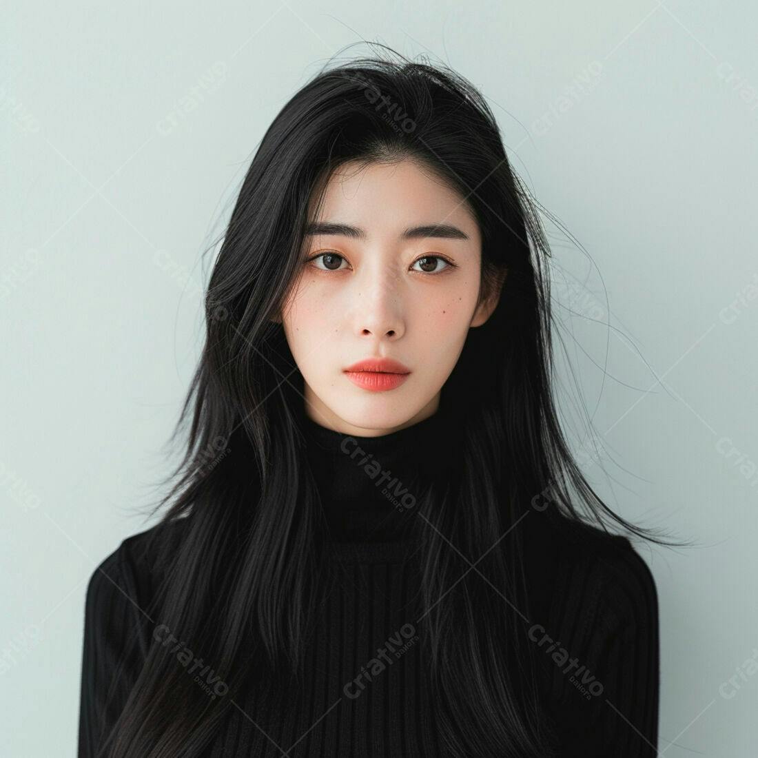 Mulher asiática com cabelo preto usando blusa preta