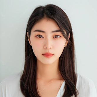 Mulher coreana elegante exibindo longos cabelos negros em um fundo claro 12