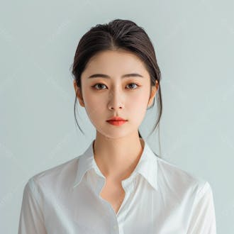 Mulher coreana elegante exibindo longos cabelos negros em um fundo claro 14