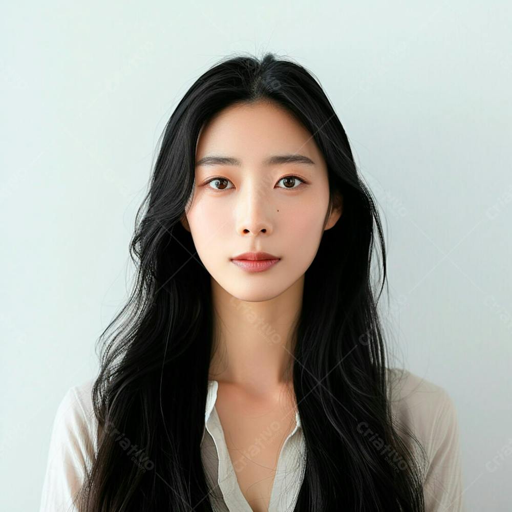 Mulher Coreana Elegante Exibindo Longos Cabelos Negros Em Um Fundo Claro 17