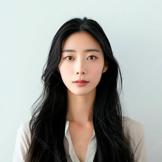Mulher coreana elegante exibindo longos cabelos negros em um fundo claro 17