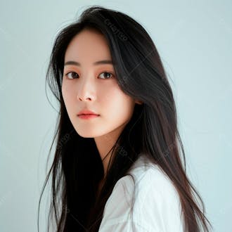 Mulher coreana elegante exibindo longos cabelos negros em um fundo claro 18