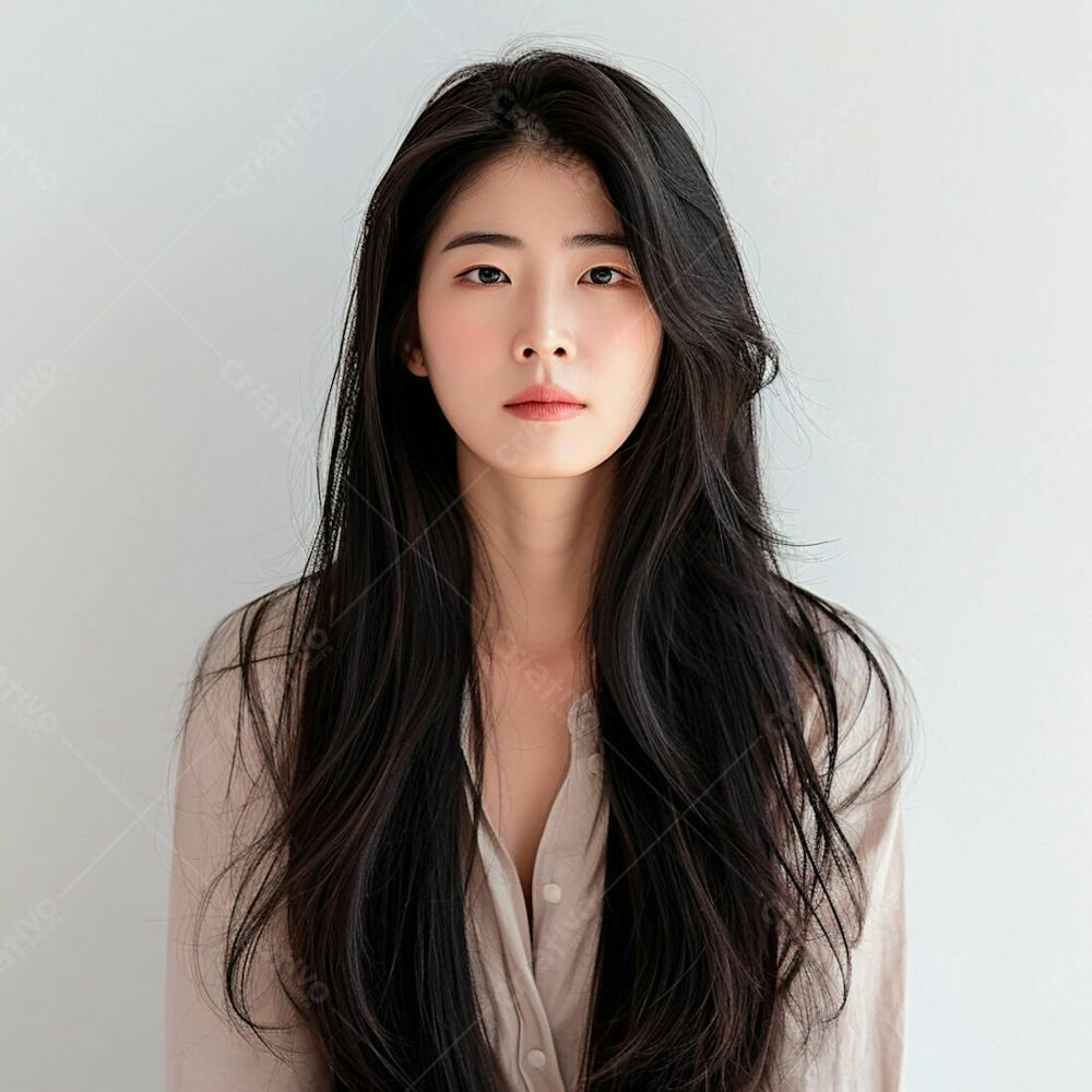 Mulher Coreana Elegante Exibindo Longos Cabelos Negros Em Um Fundo Claro 20