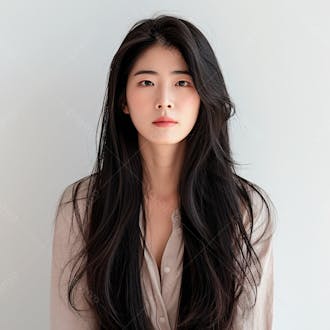 Mulher coreana elegante exibindo longos cabelos negros em um fundo claro 20