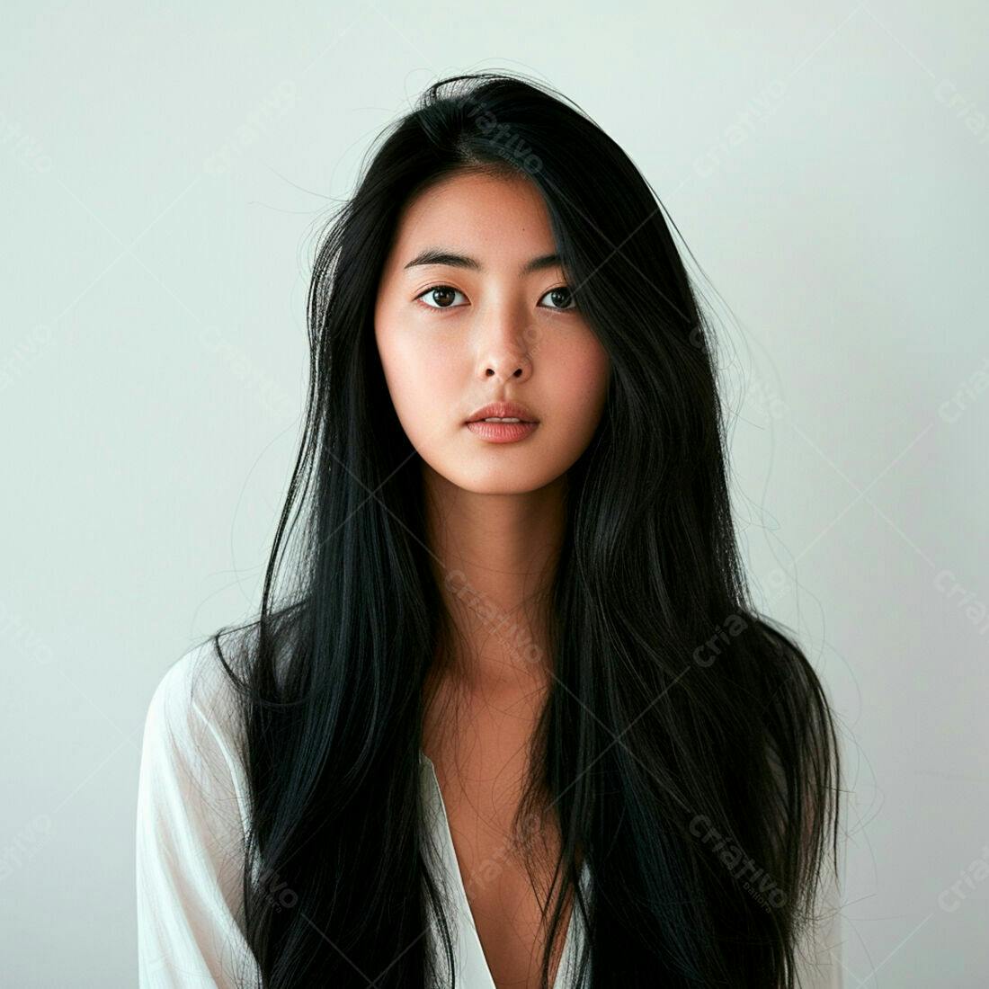 Retrato mulher asiática cabelos pretos fundo branco