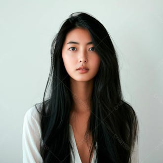Mulher coreana elegante exibindo longos cabelos negros em um fundo claro 21